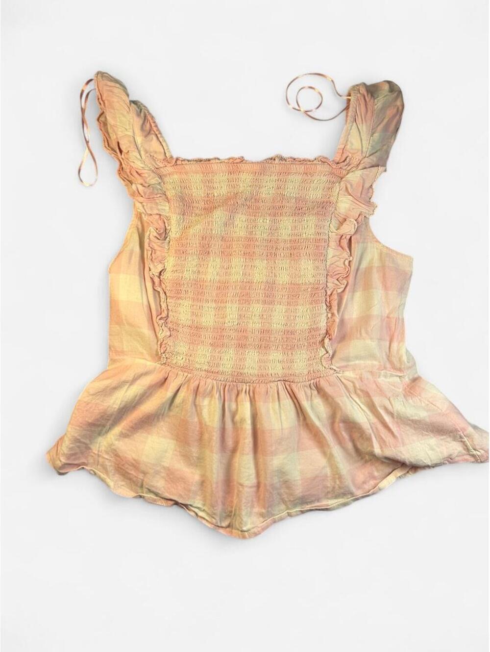 Old Navy pink and yellow plaid top with ruffles Size M #plaid #feminine